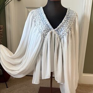 Anthropologie White and Blue Smocked, Babydoll Blouse, Size XL